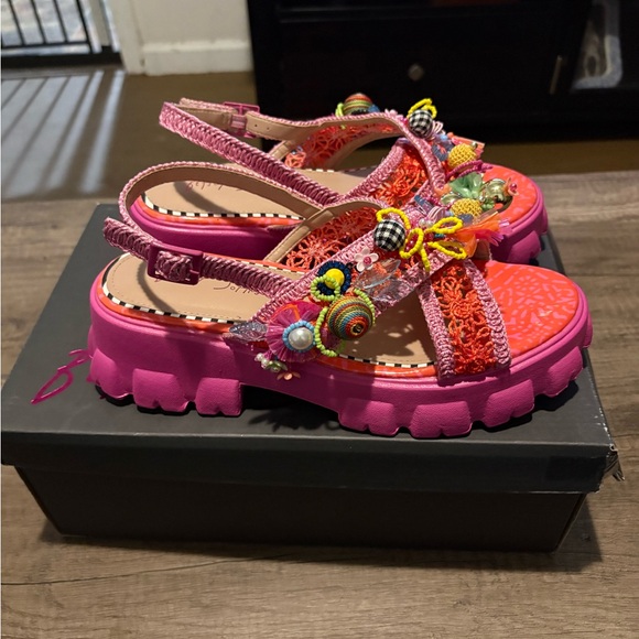 Betsey Johnson Colorful Charm Platform Sandals | Pink Multi Beaded | Size 8 - Picture 10 of 11